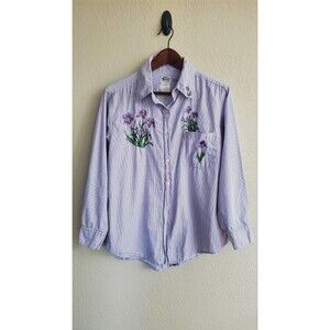 Gunit Embroidered Floral Pinstripe Button Shirt Womens Cottagecore Western